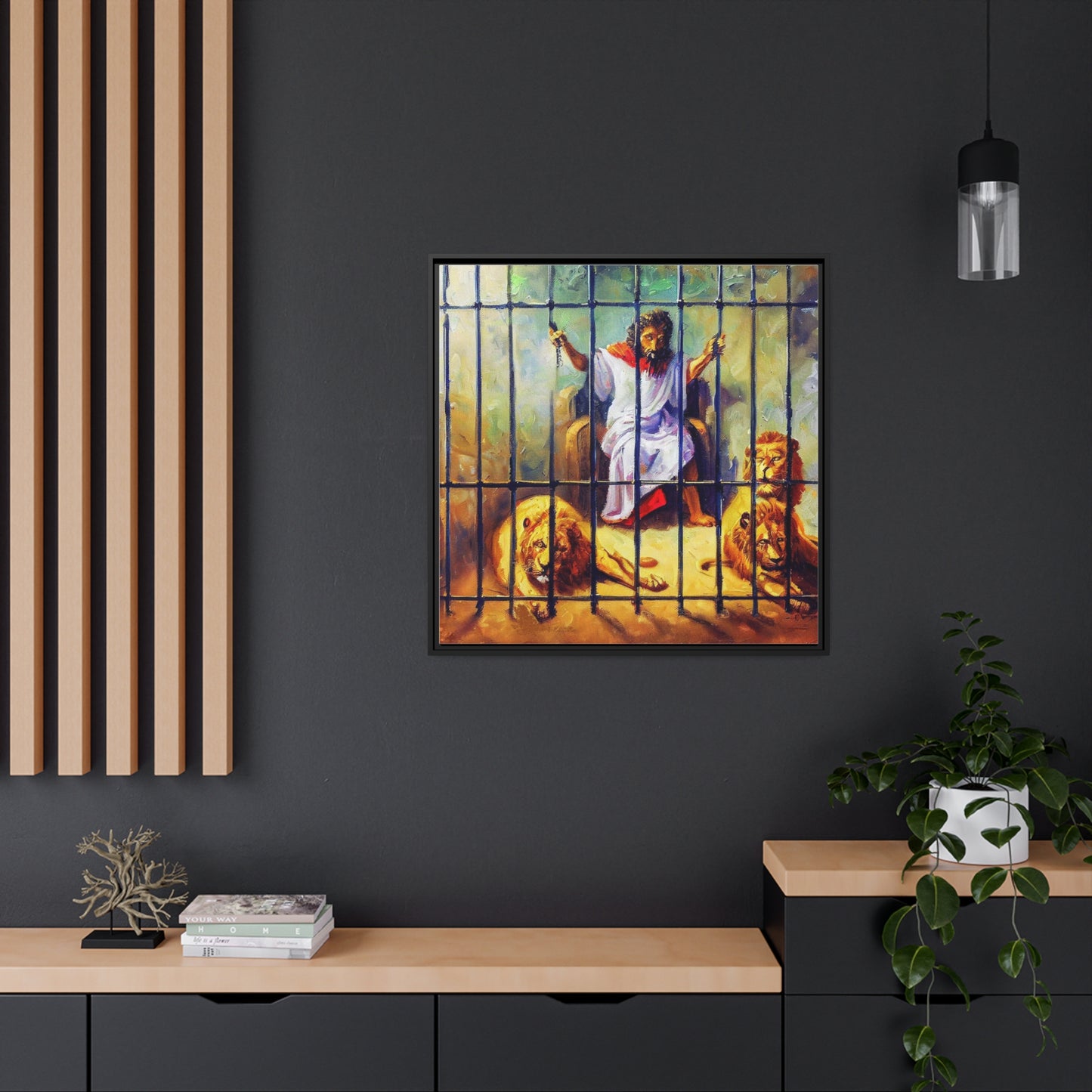 Art-of-Apparel - Daniel and the Lions - Framed Black Canvas Art Gift Items - Matte